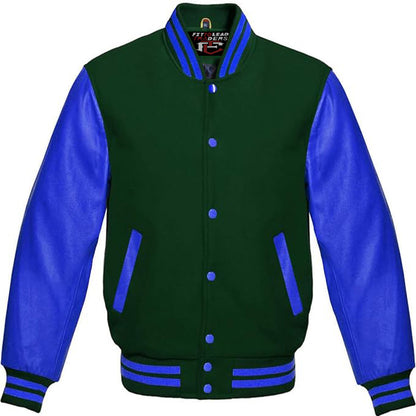 A multicolor varsity style jacket with a black wool body and royal blue leather sleeves, featuring a full front snap button closure and ribbing on cuffs, collar, and hem.