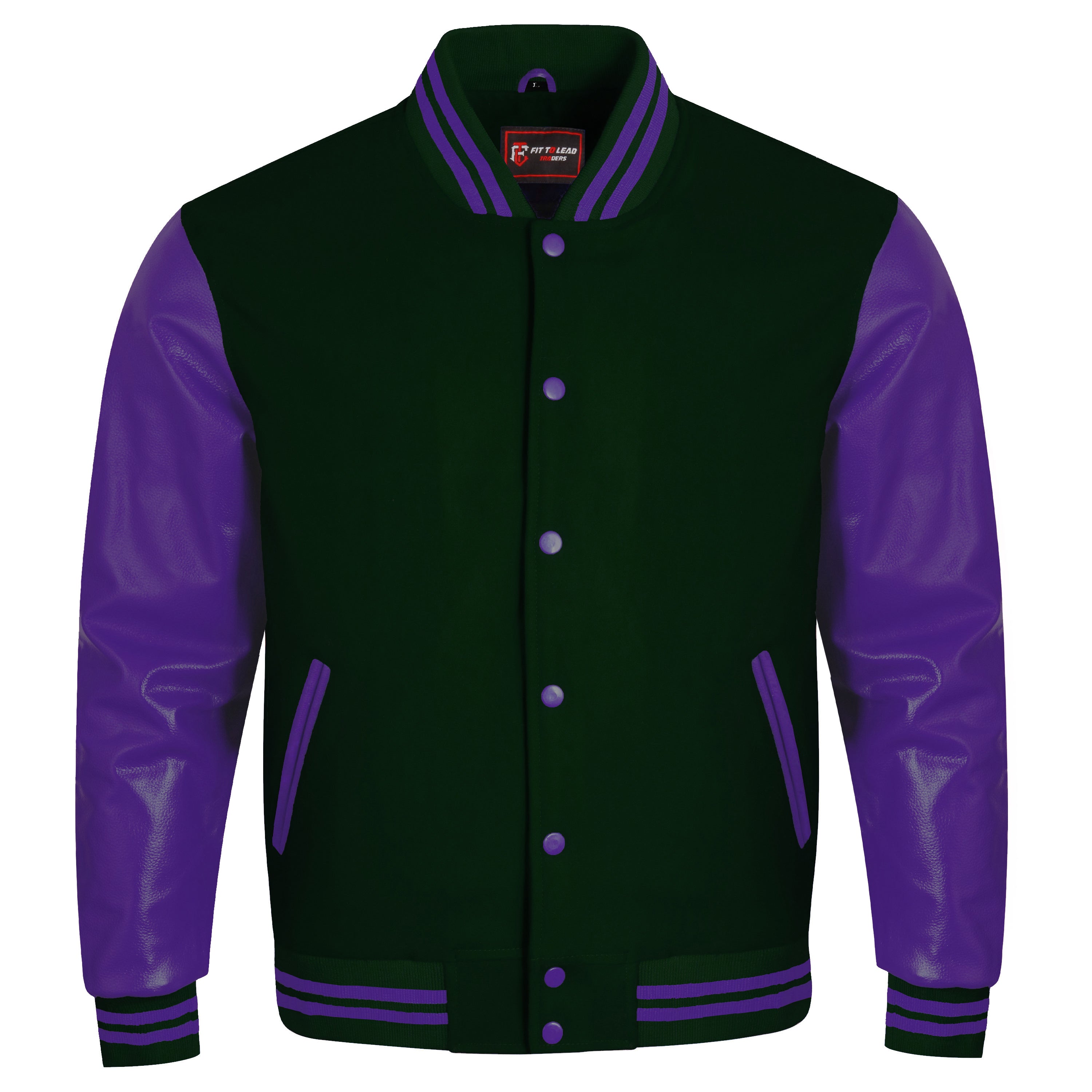 A varsity-style jacket with a dark green body and purple leather-look sleeves, collar trim, and striped ribbed cuffs and hem, shown on a plain white background.