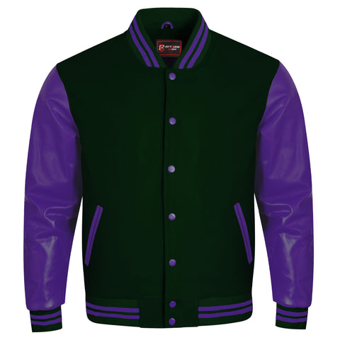 A varsity-style jacket with a dark green body and purple leather-look sleeves, collar trim, and striped ribbed cuffs and hem, shown on a plain white background.