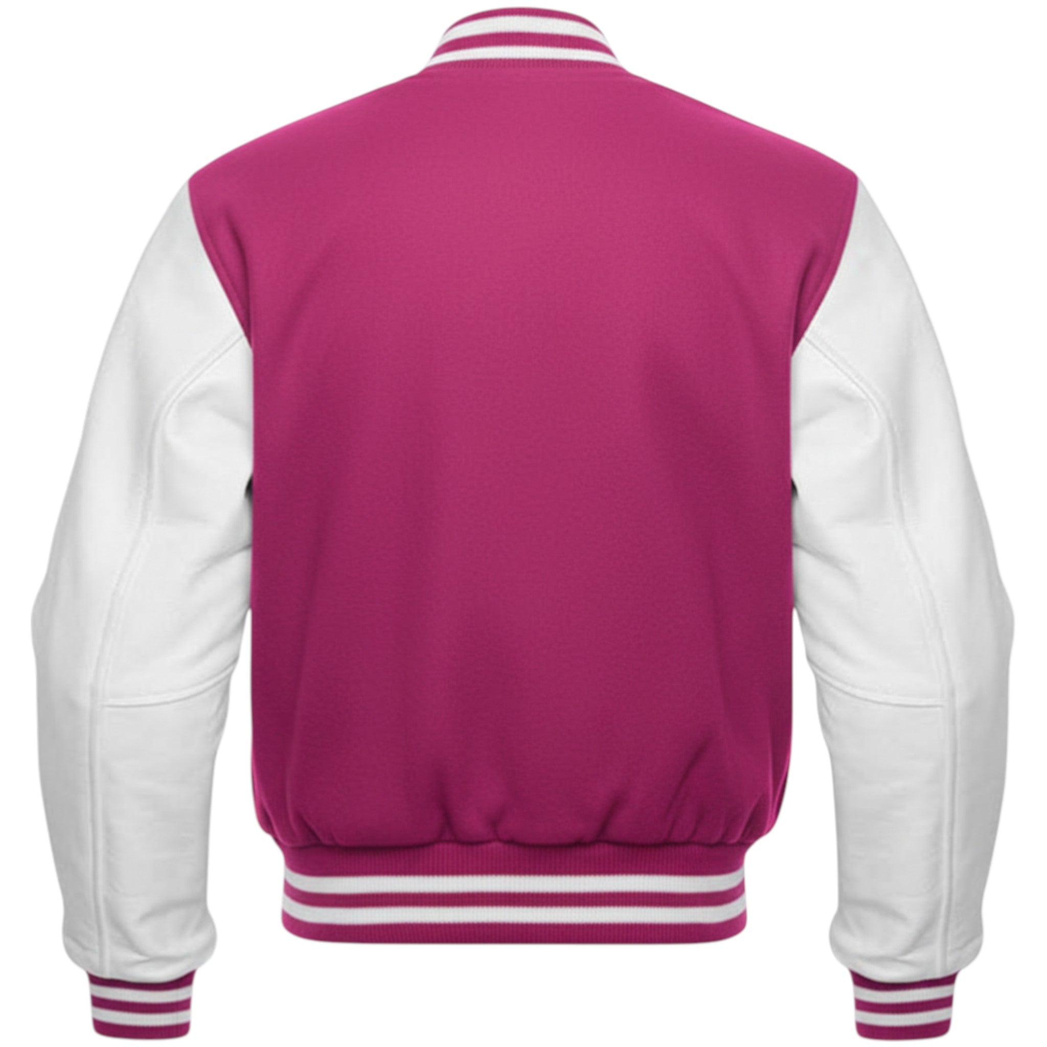 Fuchsia and white varsity jacket on a white background