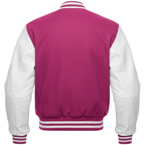 Fuchsia and white varsity jacket on a white background