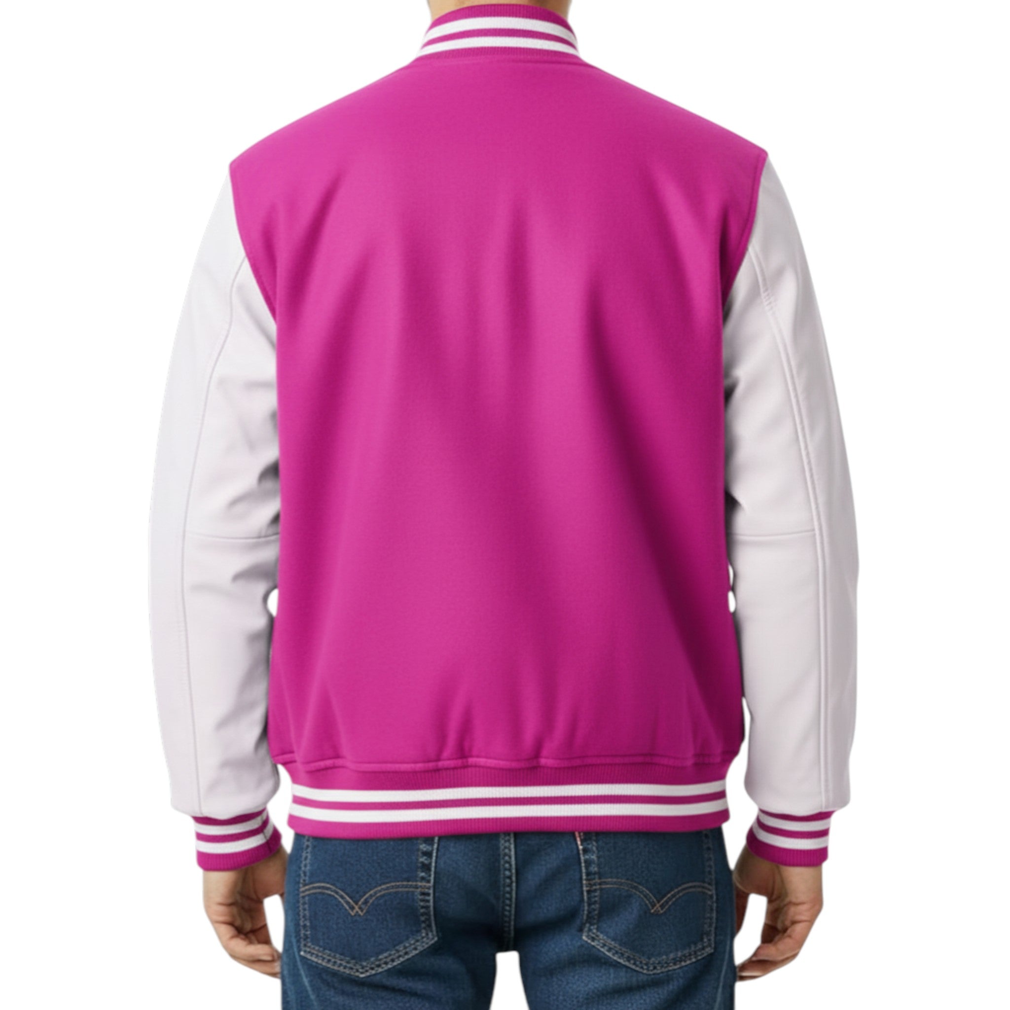 Fuchsia and white varsity jacket on a white background