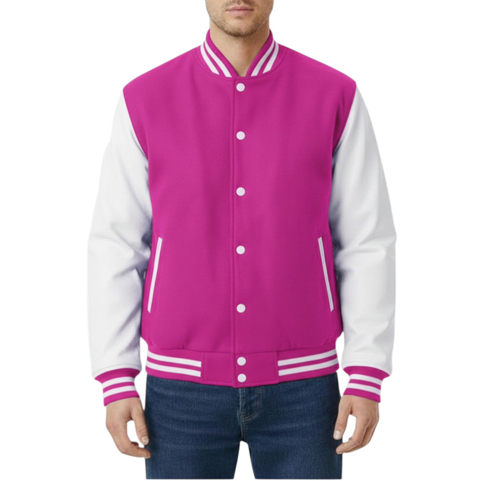 Fuchsia and white varsity jacket worn by a person on a white background