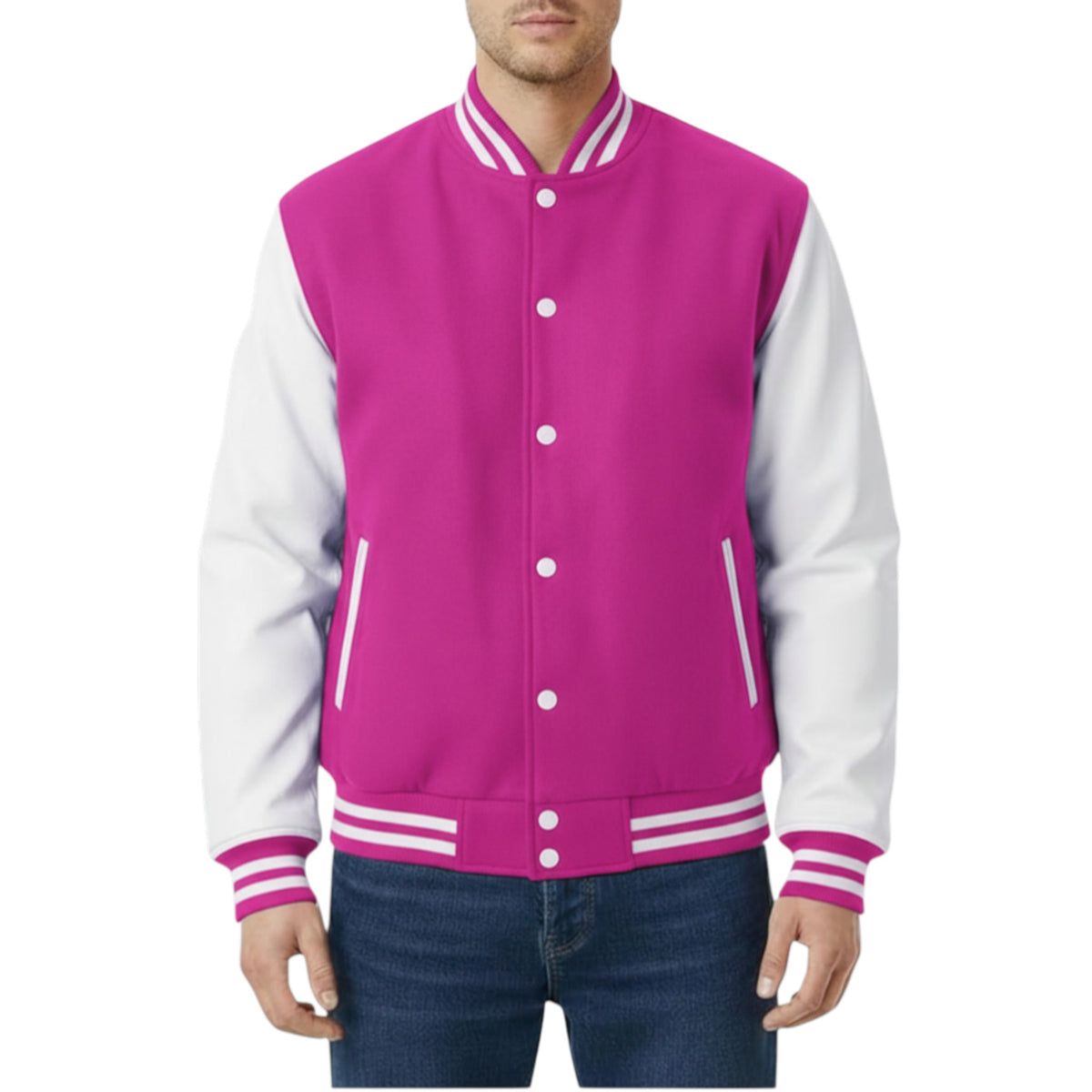 Fuchsia and white varsity jacket worn by a person on a white background