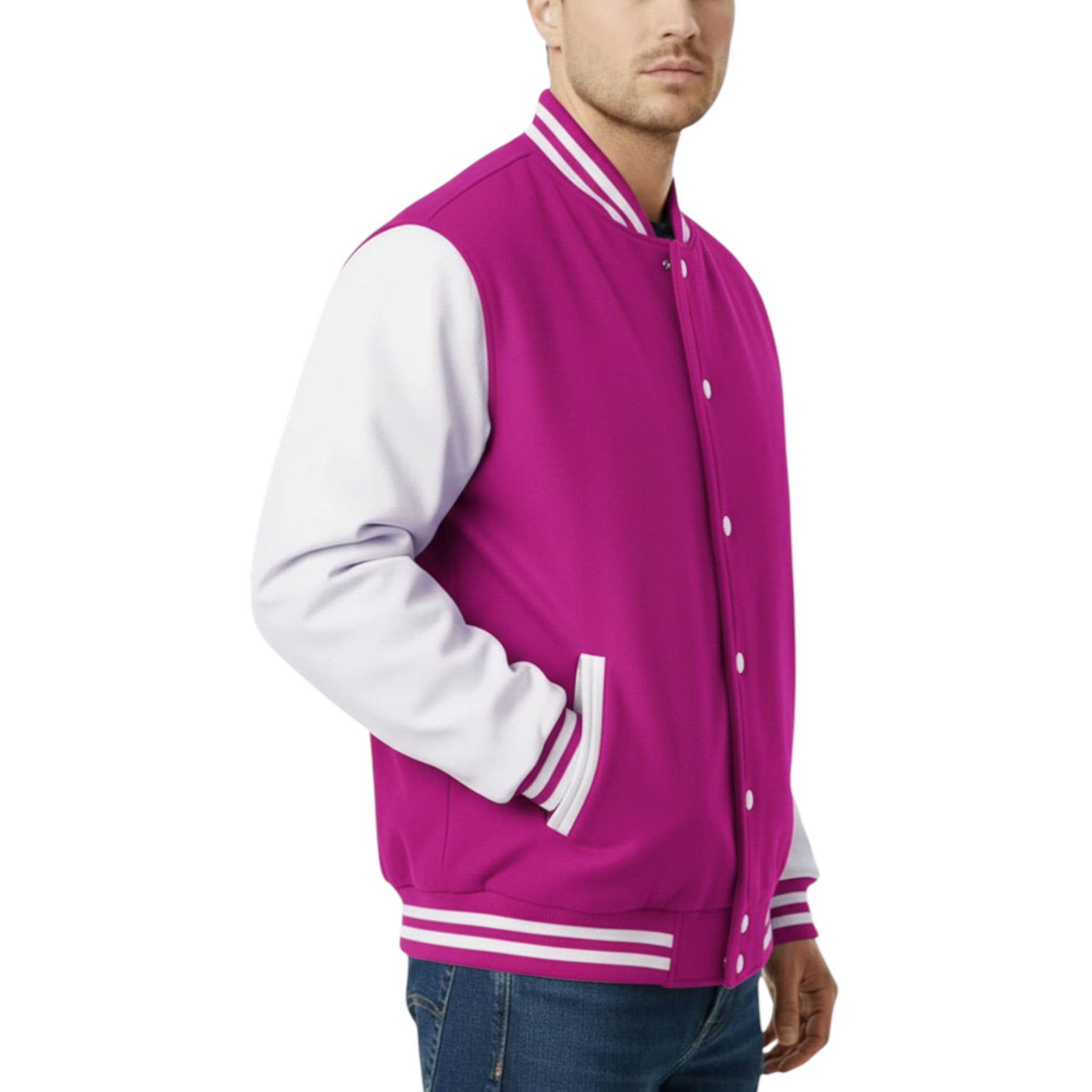 Fuchsia varsity jacket with white sleeves on a white background