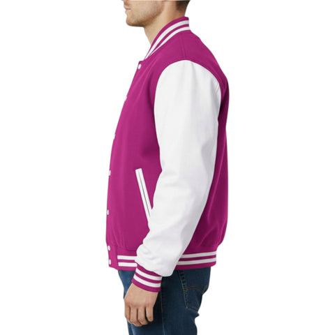 Person wearing a Fuchsia and white varsity jacket on a white background