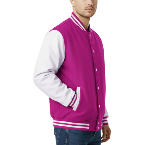 Fuchsia varsity jacket with white sleeves on a white background