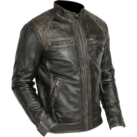 Gatsby Men Distressed Brown Leather Jacket Classic Look