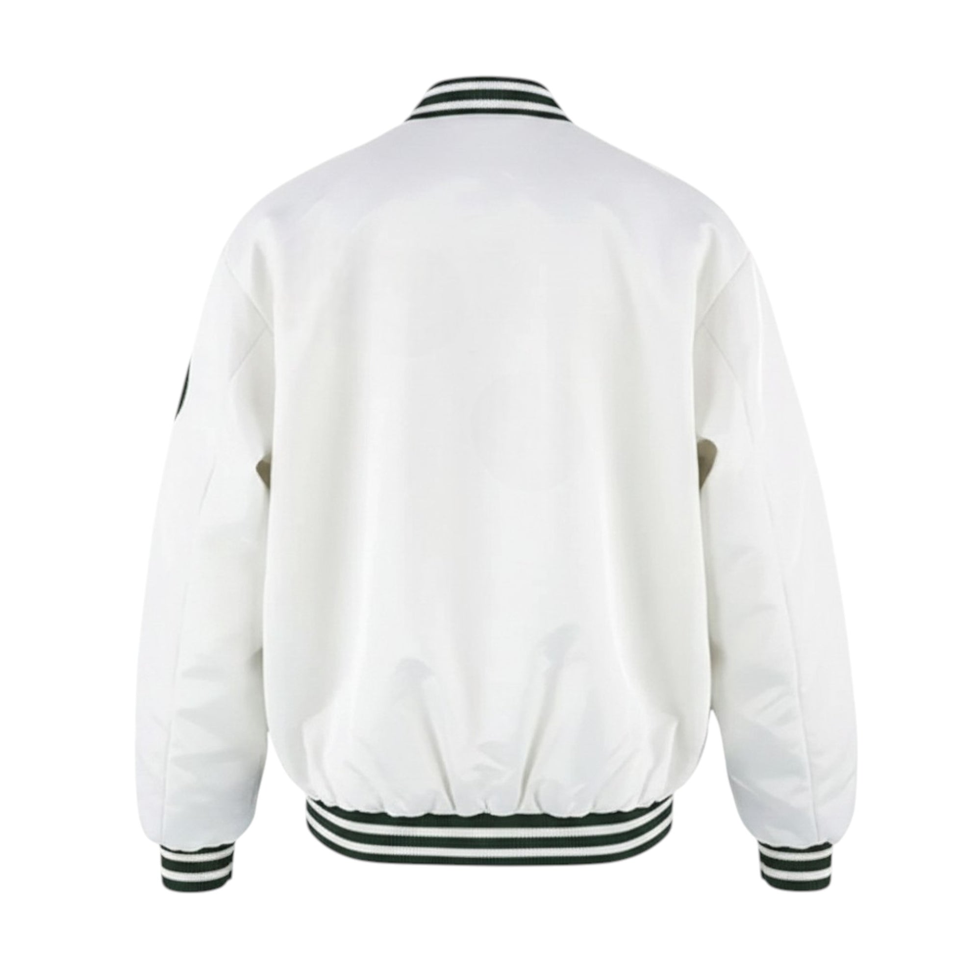 White bomber jacket with black and green accents on a white background