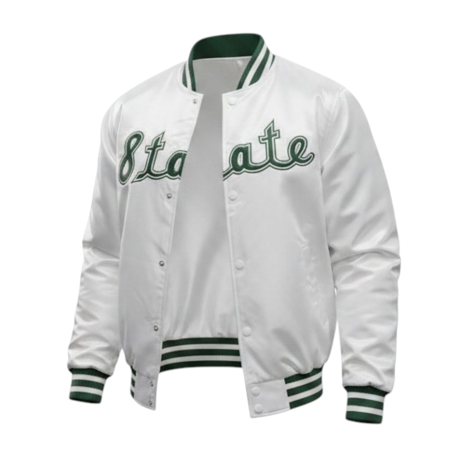 White varsity jacket with green lettering on a white background