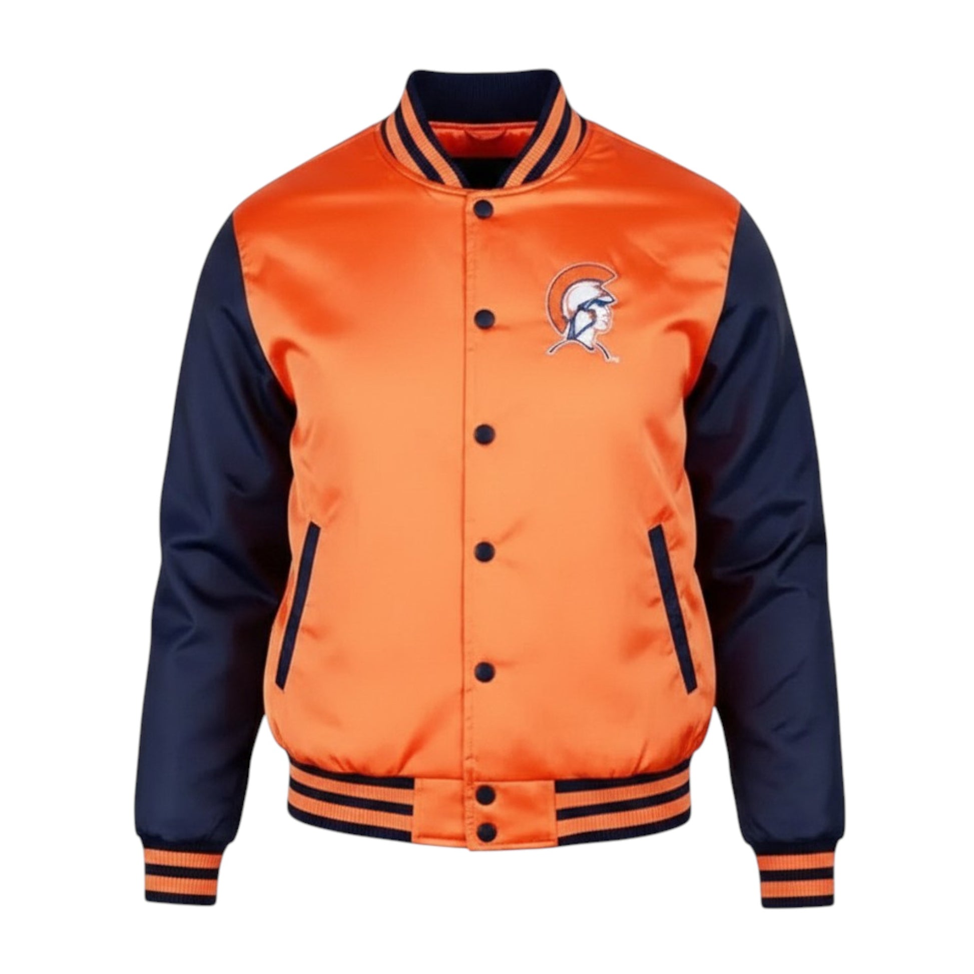 Orange and navy varsity jacket with a logo on a white background