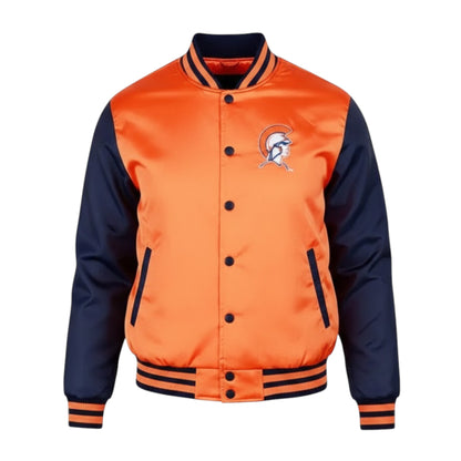 Orange and navy varsity jacket with a logo on a white background