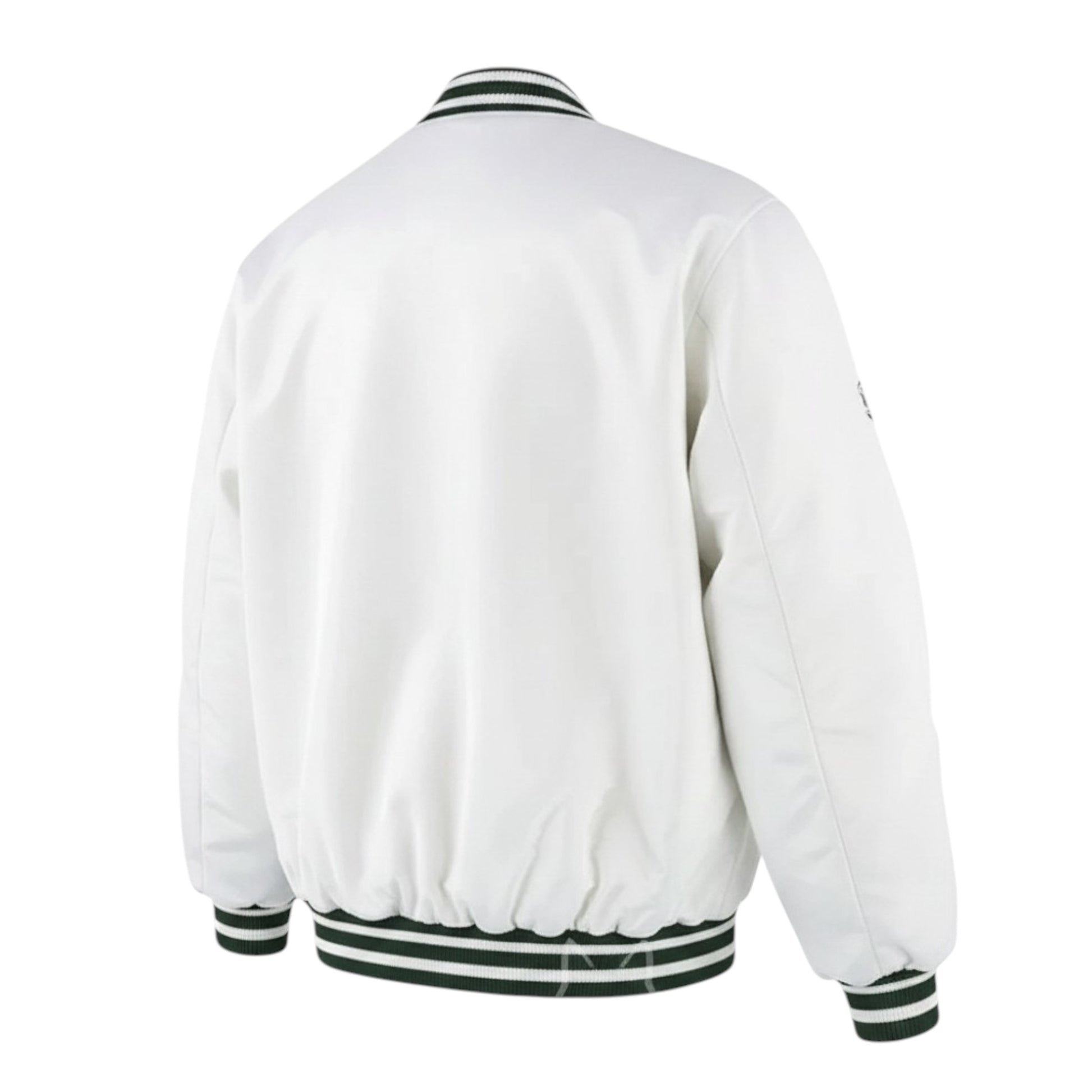 White varsity jacket with black and green trim on a white background