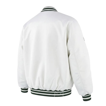 White varsity jacket with black and green trim on a white background