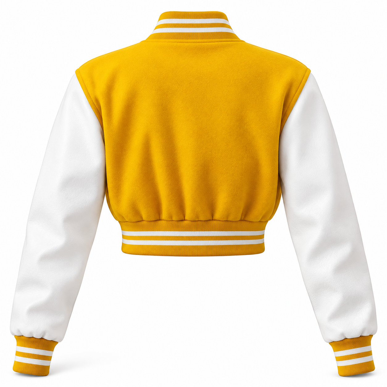 A cropped varsity jacket shown from the back, featuring a mustard yellow body and white sleeves with yellow and white striped ribbed trim.