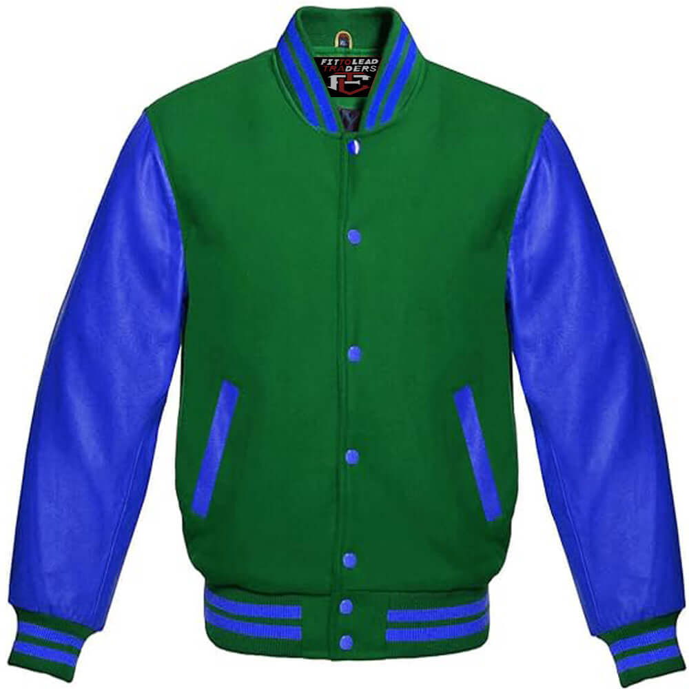 Multicolor Wool Varsity Jacket in Royal Blue Leather Sleeves