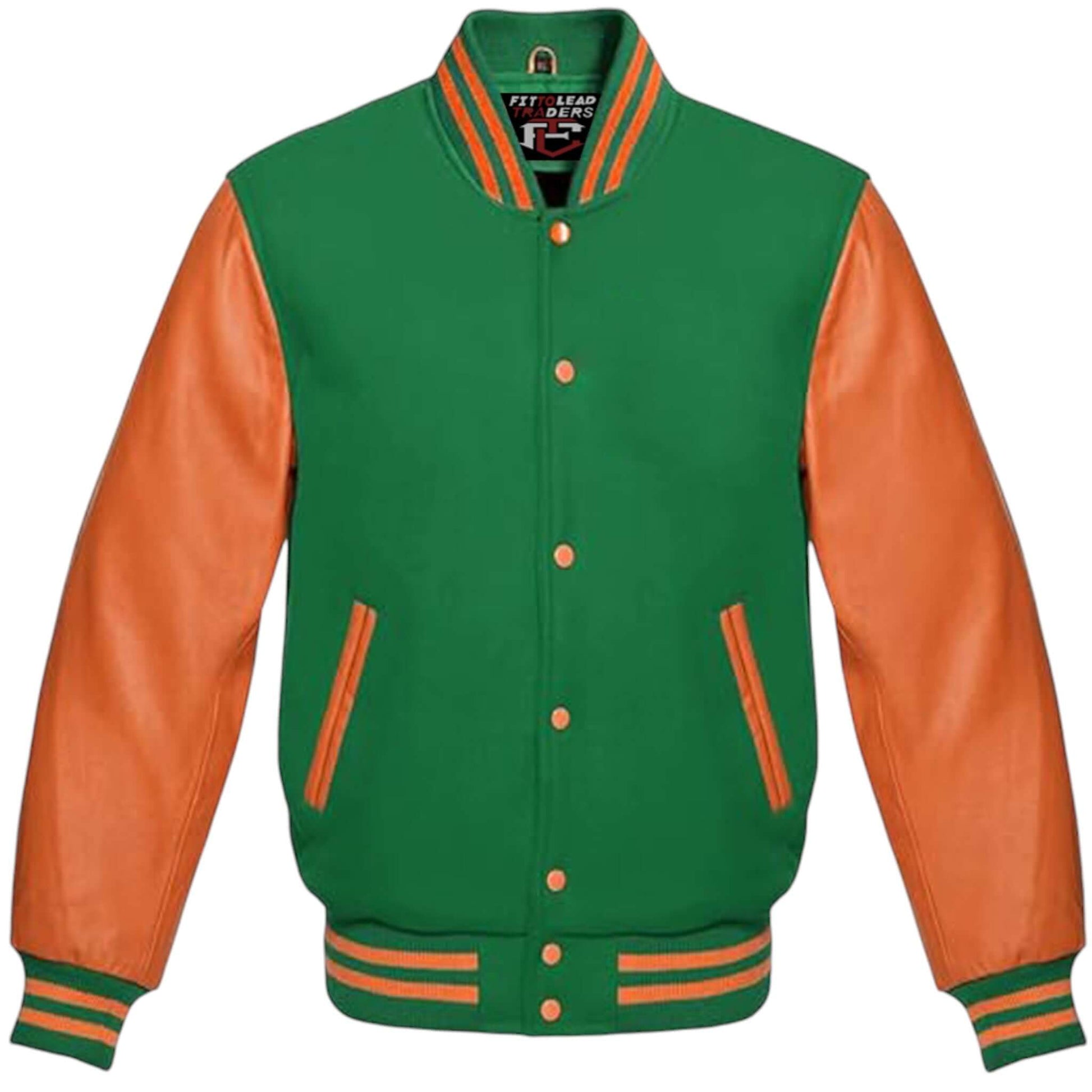 Unisex Varsity Jacket Wool Body with Orange Leather Sleeves