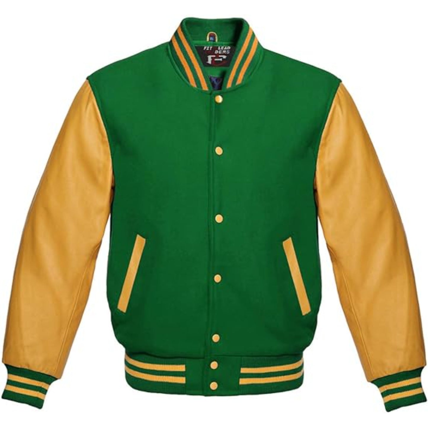 Green and yellow varsity jacket with leather sleeves on a white background