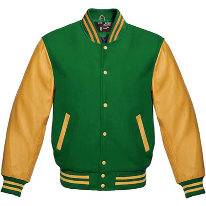 Green and yellow varsity jacket with leather sleeves on a white background