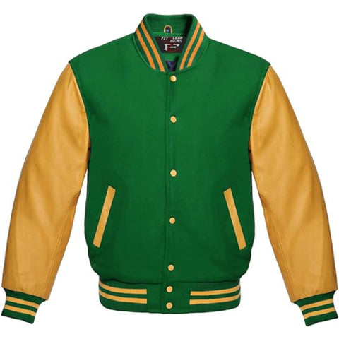 Modern Wool Bomber Jacket Gold Leather Sleeves Stylish Wear