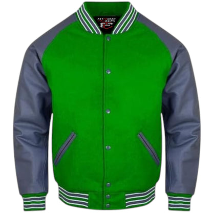 A stylish varsity jacket with a black wool body and grey leather sleeves, featuring a quilted polyester lining, snap buttons, ribbing on the cuffs, collar, and hem, and multiple pockets.