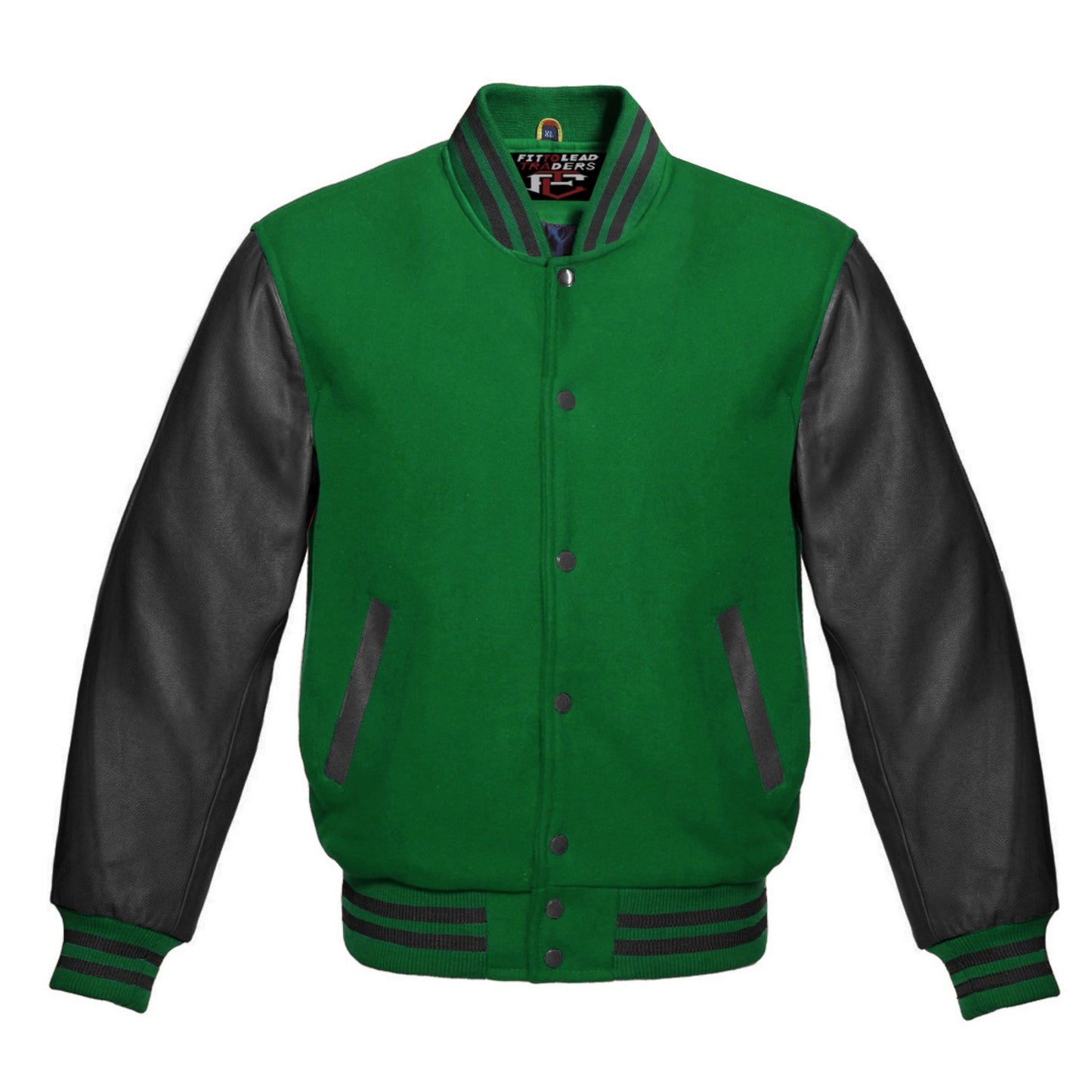 Green and black varsity jacket with leather sleeves on a white background