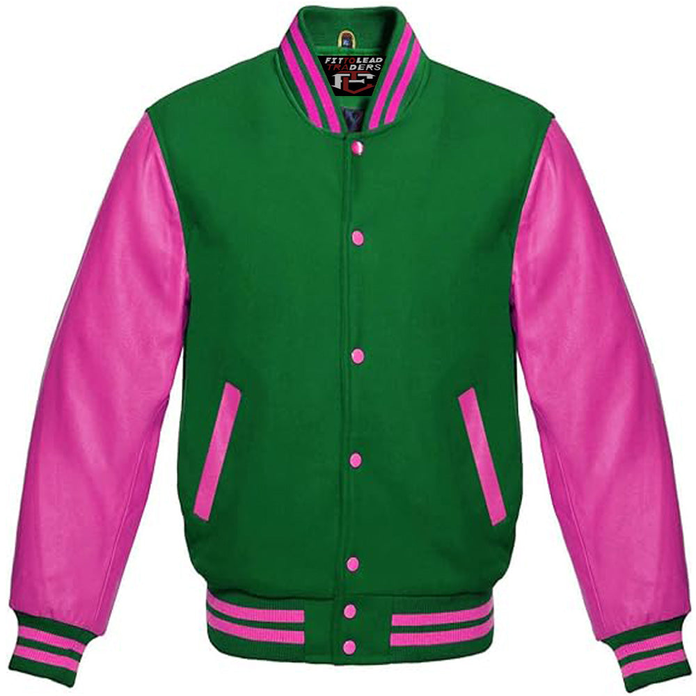 Hot Pink Leather Varsity Baseball Jacket Premium Wool Blend