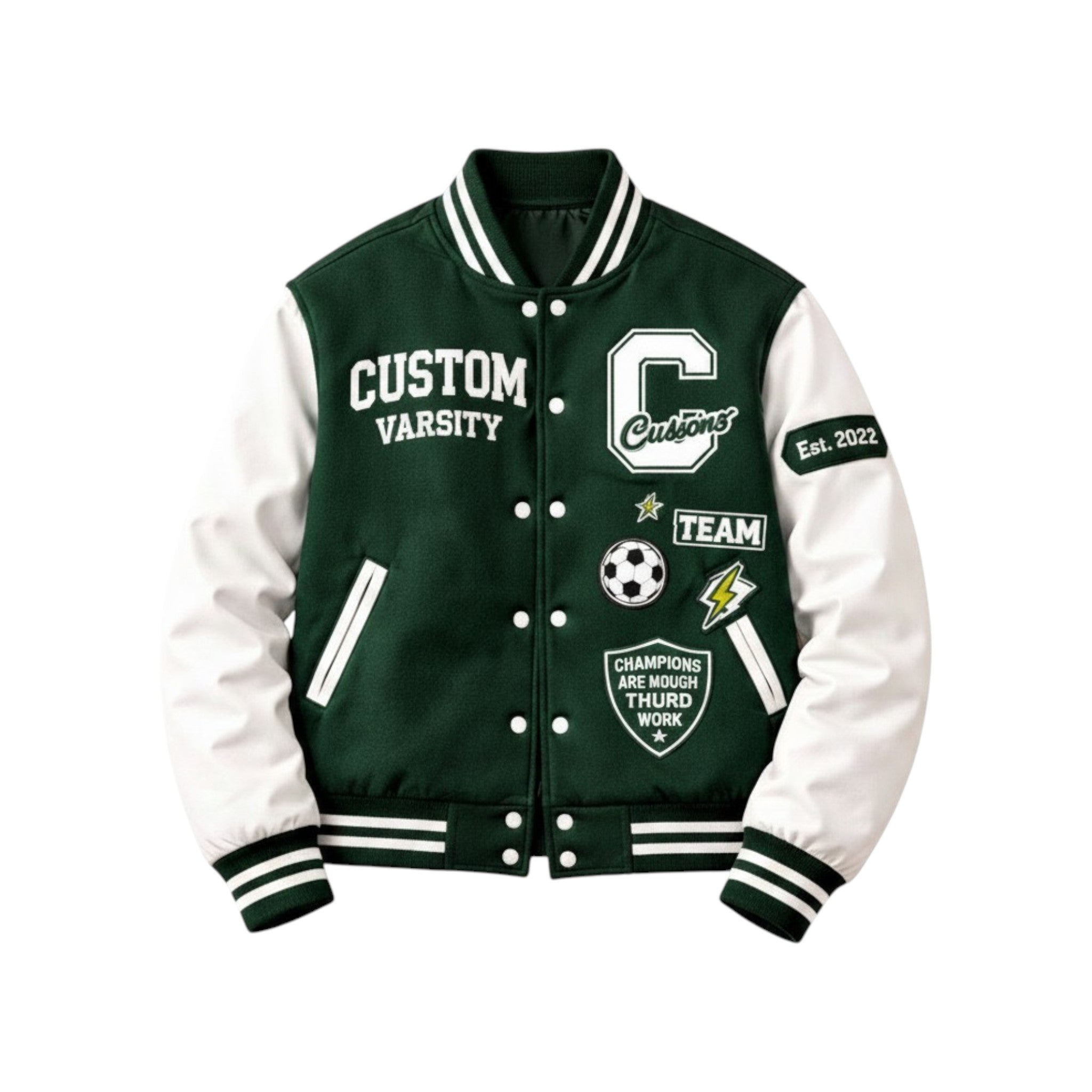 Green and white varsity jacket with various patches on a white background