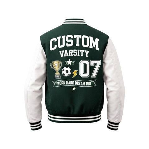Green and white varsity jacket with text and graphics on a white background