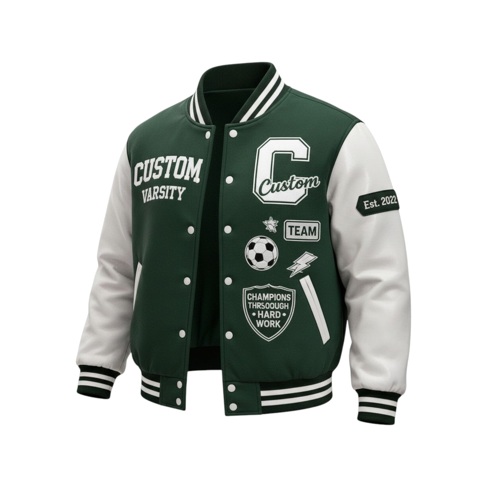 Green and white varsity jacket with customizable text and logos on a white background