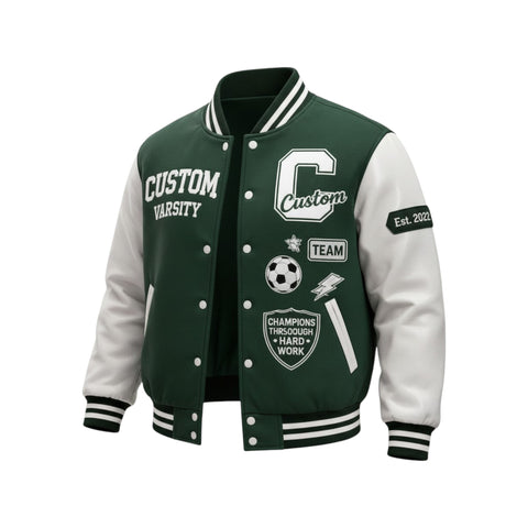 Green and white varsity jacket with customizable text and logos on a white background