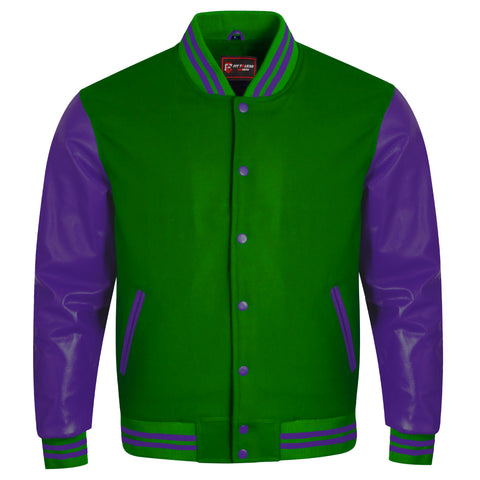 A green and purple varsity jacket with a green wool body, purple faux-leather sleeves, and purple striped ribbing on the collar, cuffs, and hem.