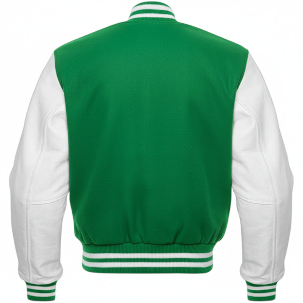 Green and white varsity jacket on a white background