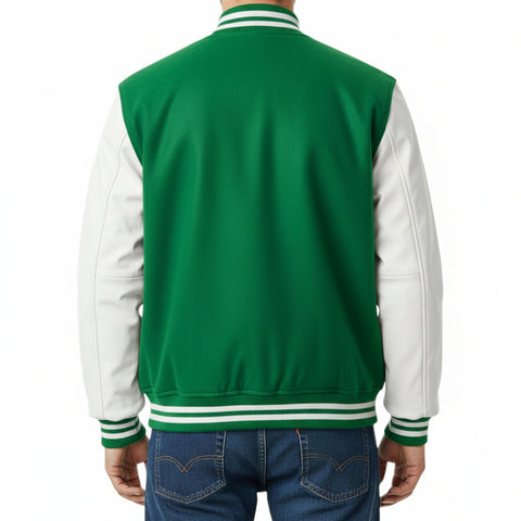 Green and white varsity jacket on a white background