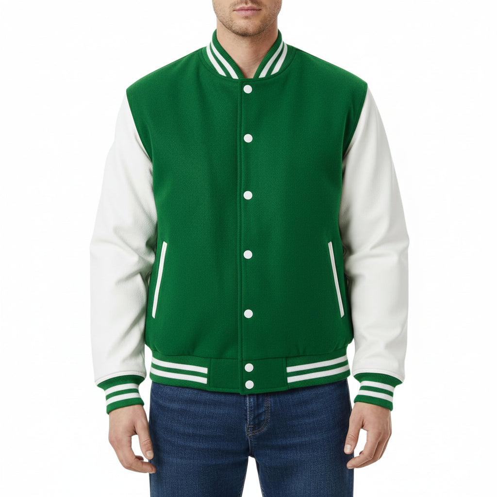 Green and white varsity jacket worn by a person on a white background