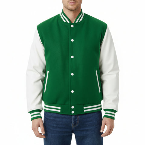 Green and white varsity jacket worn by a person on a white background