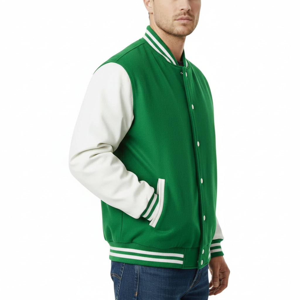 Green and white varsity jacket worn by a person on a white background