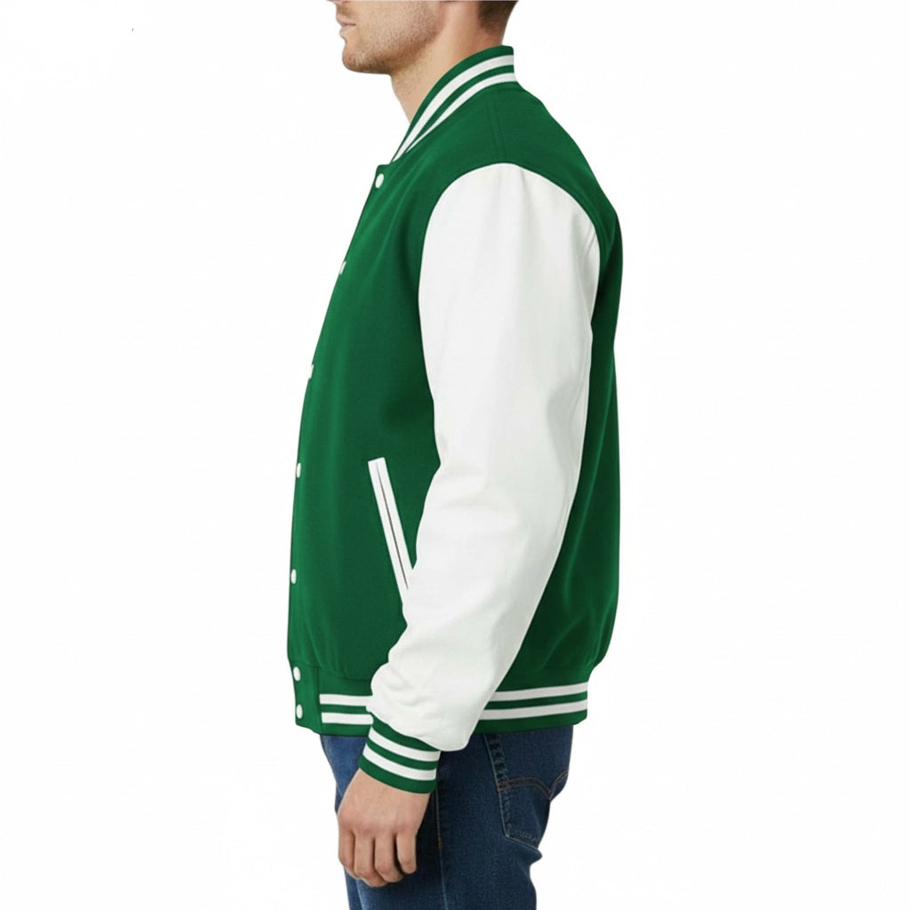 Green and white varsity jacket worn by a person on a white background