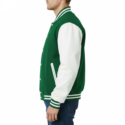 Green and white varsity jacket worn by a person on a white background