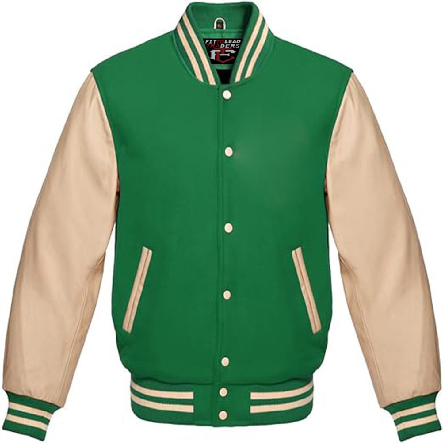 Green and beige varsity jacket on a white background