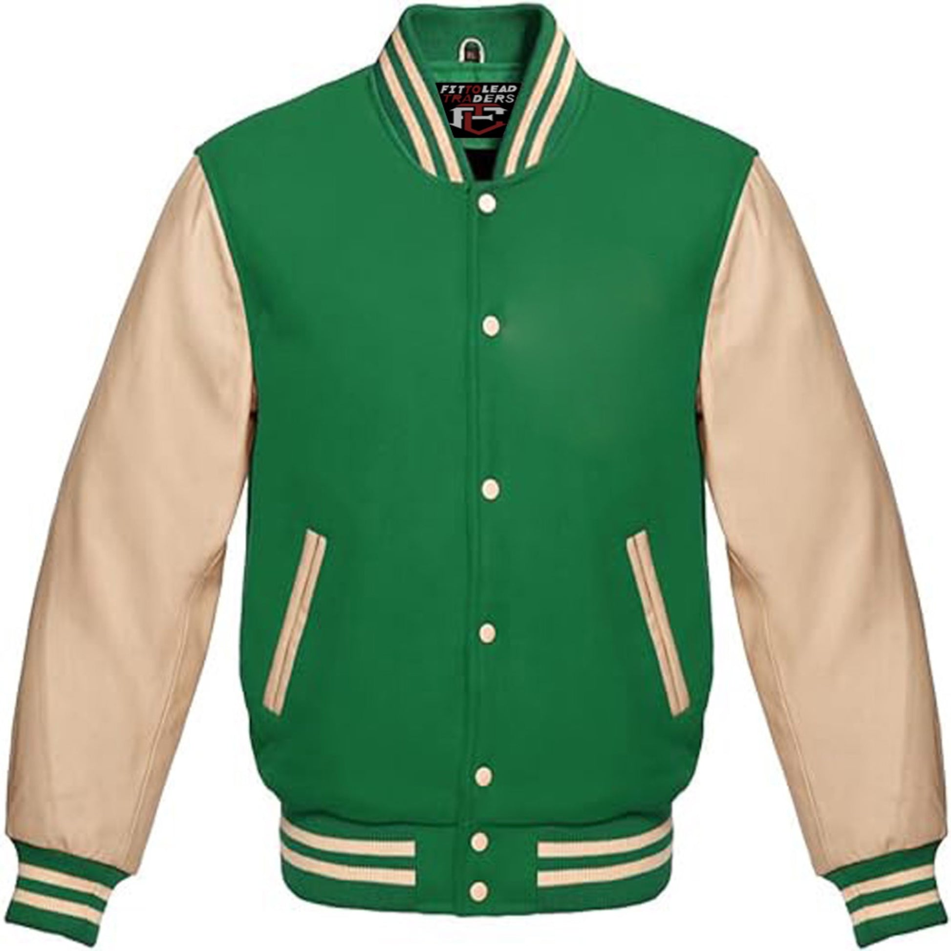 Classic Wool Varsity Jacket with Cream Leather Sleeves