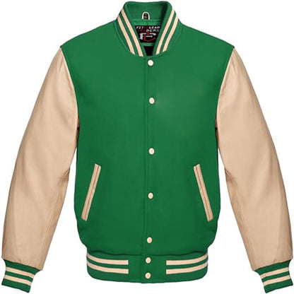 Green and beige varsity jacket on a white background