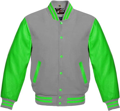 Unisex Varsity Baseball Jacket Wool Body & Kelly Green Leather Style
