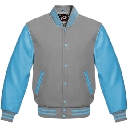 A multicolor wool varsity style jacket with genuine sky blue leather sleeves, featuring a full front snap button closure, ribbing on cuffs, collar, and hem, and multiple pockets.
