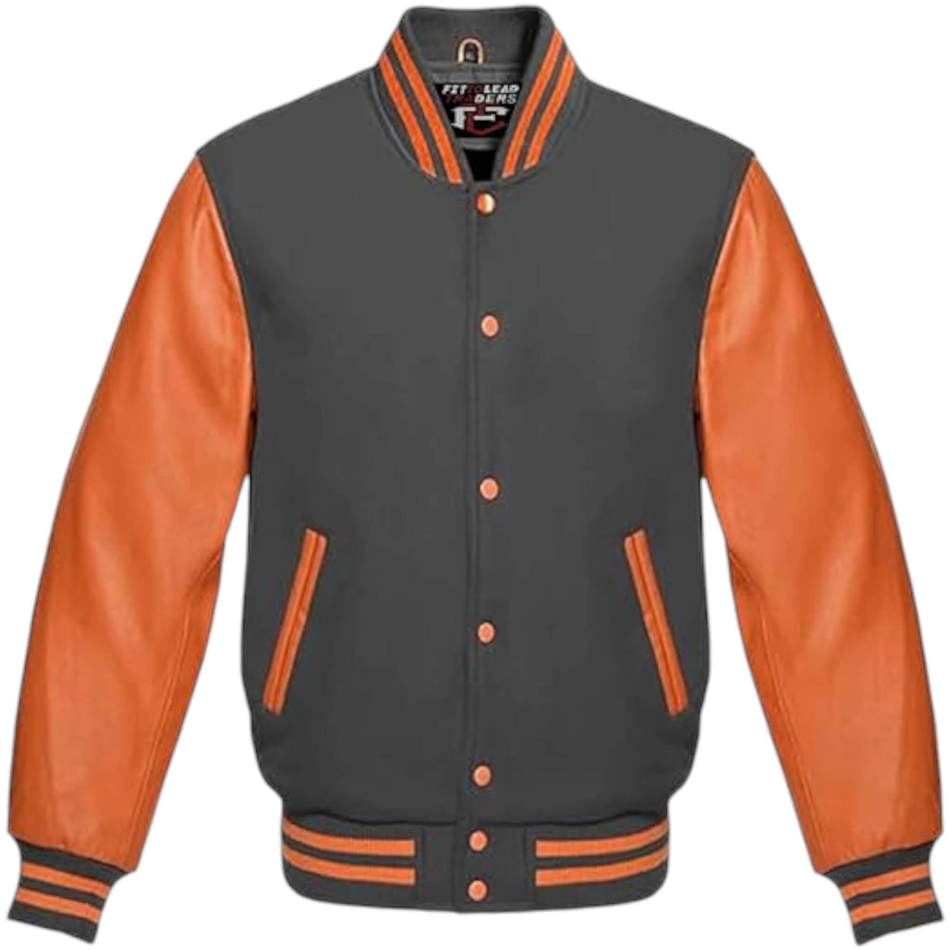 Unisex Varsity Jacket Wool Body with Orange Leather Sleeves