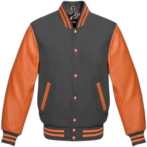Unisex Varsity Jacket Wool Body with Orange Leather Sleeves