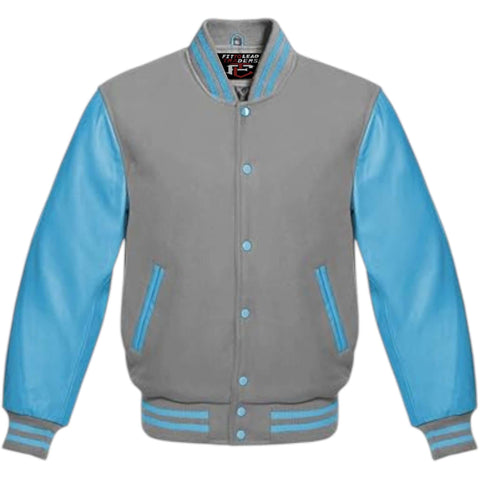 Multicolor Wool Varsity Jacket Genuine Sky Leather Sleeves