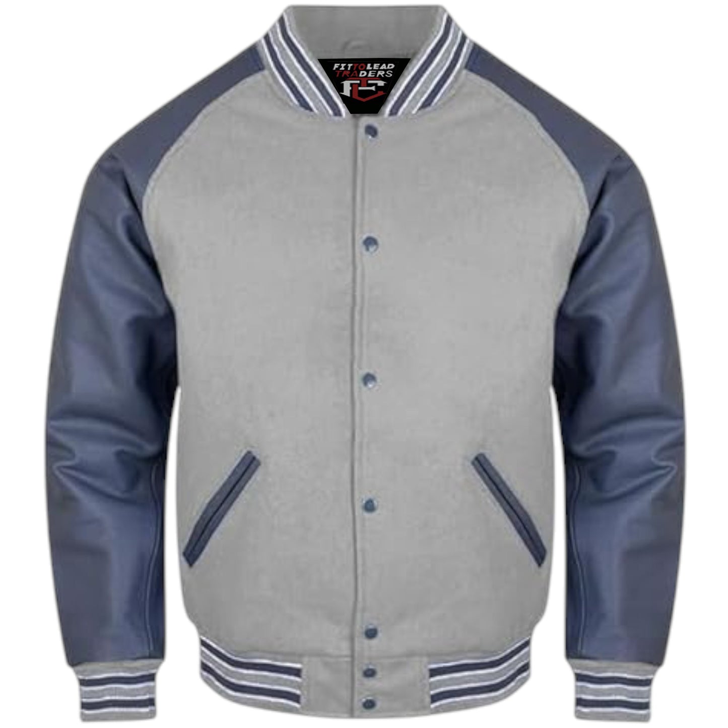 A stylish varsity jacket with a black wool body and grey leather sleeves, featuring a quilted polyester lining, snap buttons, ribbing on the cuffs, collar, and hem, and multiple pockets.