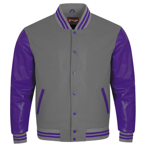 A varsity-style jacket with a gray body and bright green sleeves, collar trim, zipper details, and snap buttons, shown on a plain white background.
