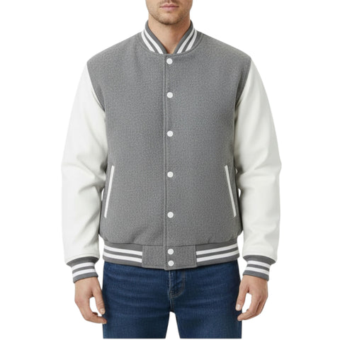 Gray and white varsity jacket worn by a person on a white background